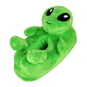 Green plush slipper with alien design on a white background