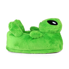 Green plush slipper shaped like an alien on a white background, seen from the side