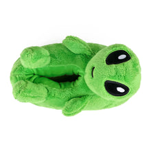 Green alien-shaped plush slipper on a white background seen from above