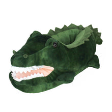 Plush Alligator Slipper with green scaly textured plush, felt spikes, four legs and felt teeth.