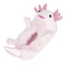 Plush pink Axolotl Slipper, with external gills, blue eyes, smiling  mouth, four feet and a tail.
