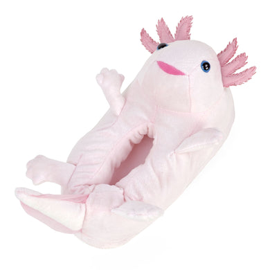 Plush pink Axolotl Slipper, with external gills, blue eyes, smiling  mouth, four feet and a tail.