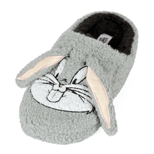 Gray slippers with a Bugs Bunny design on a white background