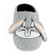 Gray slippers with a bugs bunny face and ears on a white background