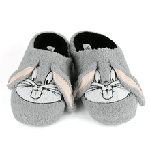 Pair of gray Bugs Bunny slippers with cartoon character face design on a white background