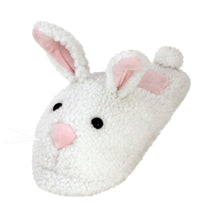 A 3/4 view of one classic bunny slipper, that is made of soft white plush, with a pink nose, pink inner ear details, black plastic eyes, whiskers and cotton ball tails