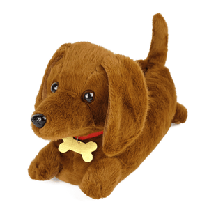 Plush dachshund slipper with a red collar and bone tag on a white background