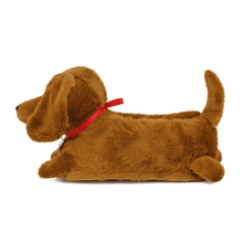 Brown plush dachshund slipper with a red collar on a white background, seen in side profile