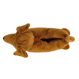 Brown plush dachshund dog slipper on a white background, seen from above