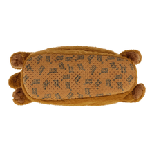 Brown plush dachshund dog slipper, shown from the bottom to see the faux suede sole with non-slip grips 