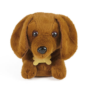 Brown plush dachshund dog slipper with a bone shaped tag on a white background, close-up of face and ears