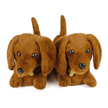 Pair of brown plush dachshund slippers on a white background