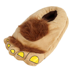 Plush slipper that looks like a big hairy foot with yellow toenails