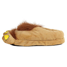 Plush slipper that looks like a big hairy foot with yellow toenails, seen from the side