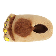 Plush slipper that looks like a big hairy foot with yellow toenails, shown from above
