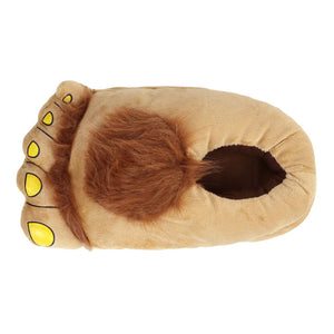 Plush slipper that looks like a big hairy foot with yellow toenails, shown from above