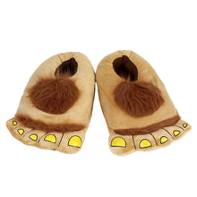 Pair of plush slippers that look like big hairy feet with yellow toenails