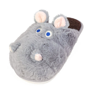 Gray plush hippo slippers with pink ears, nostrils, and blue embroidered eyes, on a white background