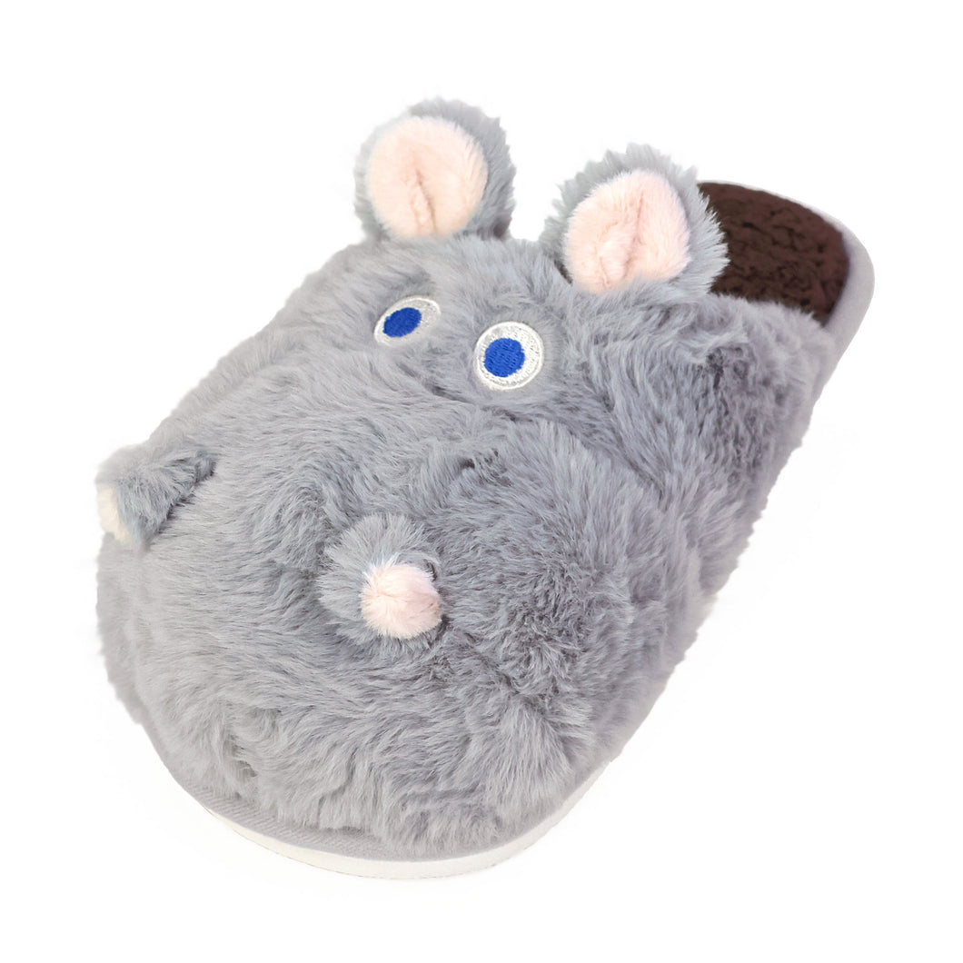 Gray plush hippo slippers with pink ears, nostrils, and blue embroidered eyes, on a white background