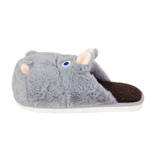 Gray plush slippers with hippo face design on a white background, seen from the side