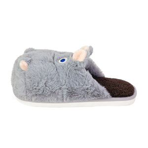Gray plush slippers with hippo face design on a white background, seen from the side