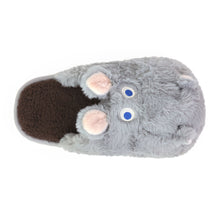 Gray plush slippers shaped like a hippo on a white background, seen from the top to show the slide-on style