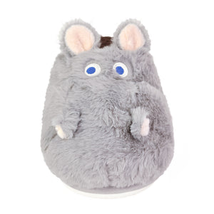 Plush slipper resembling a gray hippo with blue eyes on a white background, close up view of face