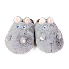 Pair of gray plush slippers with hippo face design on a white background