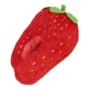 Plush Strawberry slipper with red faux fur, embroidered seeds, green stems and leaves. Slipper is in a full-foot, oversized style.