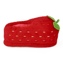 Plush strawberry slipper seen from the side