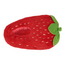 Plush strawberry slipper seen from above