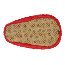 Plush strawberry slipper seen from the bottom, with faux suede soles and non-slip grips.