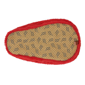 Plush strawberry slipper seen from the bottom, with faux suede soles and non-slip grips.