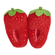 Pair of plush strawberry slippers seen from above