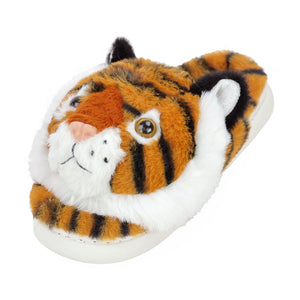 Plush Fuzzy Tiger Slipper with orange and black striped fur, white details, a pink nose, plastic eyes, and embroidered mouth.  Slipper has a white rubber sole.