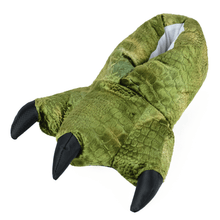 Green dinosaur foot shaped plush slipper with black claws on a white background