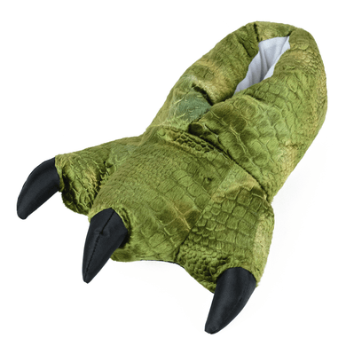 Green dinosaur foot shaped plush slipper with black claws on a white background
