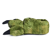 Green dinosaur foot shaped slipper with black claws on a white background