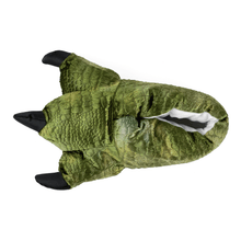 Green dinosaur foot slipper seen from above on a white background