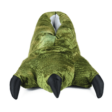 Green dinosaur foot-shaped slipper with black claws on a white background