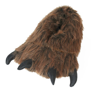 One grizzly bear paw slipper with brown fur and four black claws