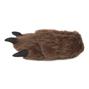 One grizzly bear paw slipper seen from the side, showing brown fur and black claws.