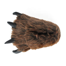 One grizzly bear paw slipper seen from the top, showing the opening where the foot can go in.