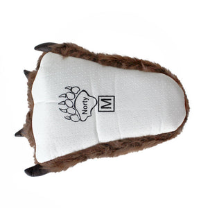 One grizzly bear paw slipper seen from the bottom, it has white fabric with non-slip dots, and has "Norty M" printed in black 