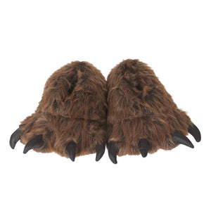 A pair of grizzly bear paw slippers, they are side by side on a white background