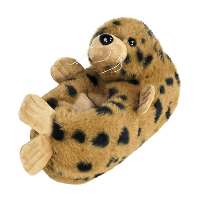 Plush Harbor Seal slipper with brown and black spotted fur, flippers, whiskers, and plastic eyes and nose.