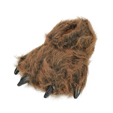 Kids Grizzly Bear Paw Slipper, made with brown plush, and four black claws.