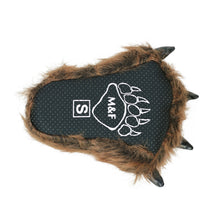 The bottom of the Kids Grizzly Bear Paw Slipper, showing a fabric sole with non-slip grips, and a screenprinted letter S, and a screenprinted bear paw with the brand initials M&F