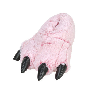 Kids pink tiger paw slipper, in shape of an animal paw with pink plush and four black claws.