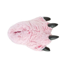 Kids pink tiger paw slipper seen from above.